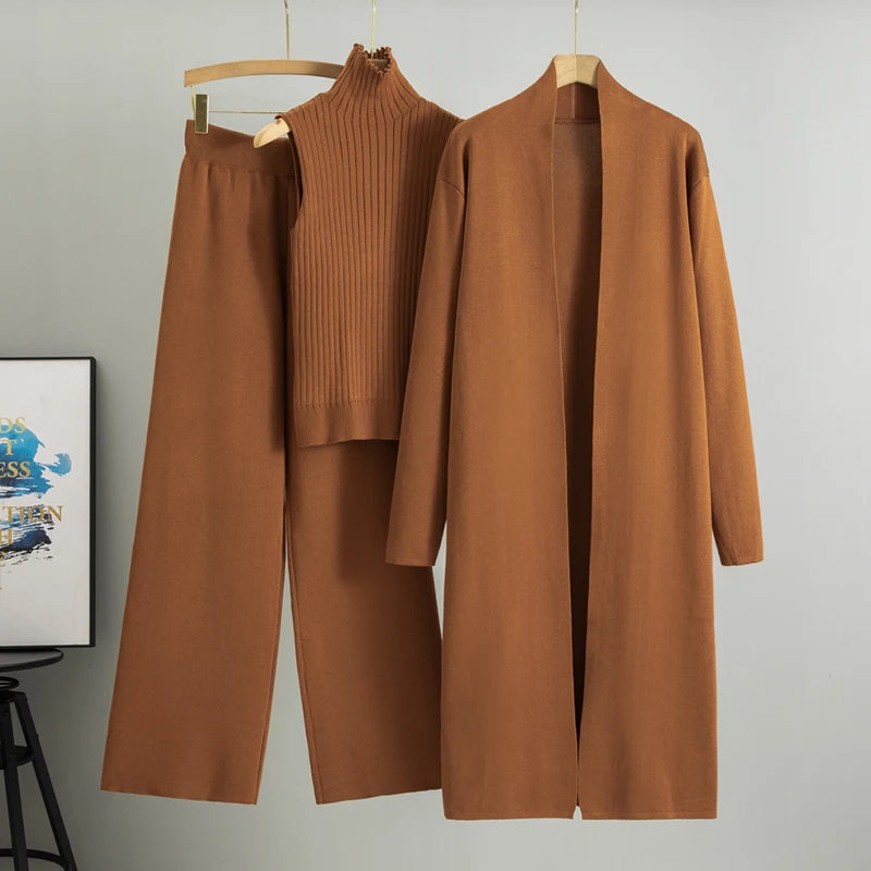 2026 Winter And Autumn Fashionable Elegant Women's Knitted 3-Piece Set cardigan Women's Sweater Women's Wide Leg Pants