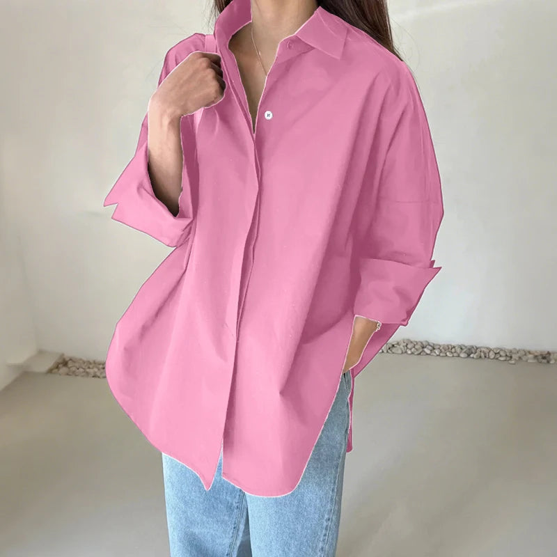 ZANZEA Oversized Women's White Shirts Turn-Down Collar Long Sleeve Button Up High-Low Solid Color Tops 2025 Autumn Streetwear