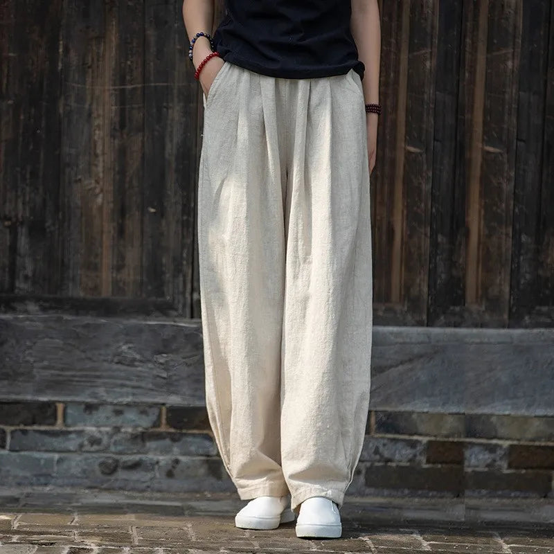 Johnature Women Vintage Solid Color Long Pants Linen Elastic Wasit 2025 Spring New Trouser Pockets Loose Women Straight Pants