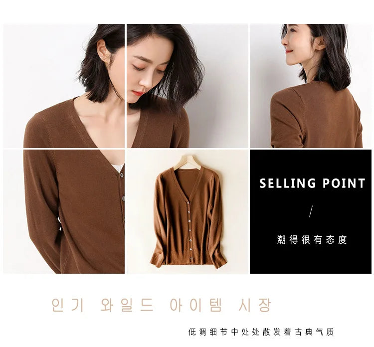 2025 Women Cardigans Long Sleeve Knitted Outerwear Solid Thin Spring Autumn Sweaters V-neck Knitwears Korean Fashion Cardigans