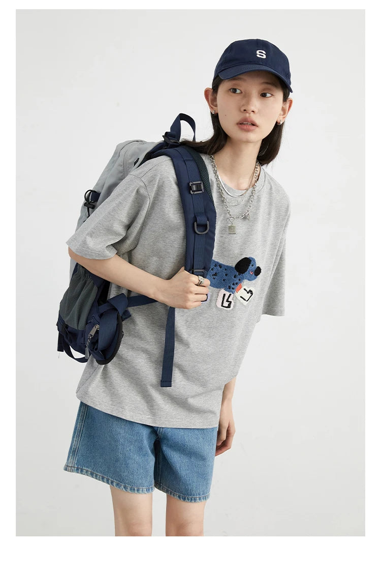 CHIC VEN Women T-Shirts Loose Streetwear Unisex Fun Dog Embroidered Short Sleeve Cotton Girl Tees Female Top Summer 2025