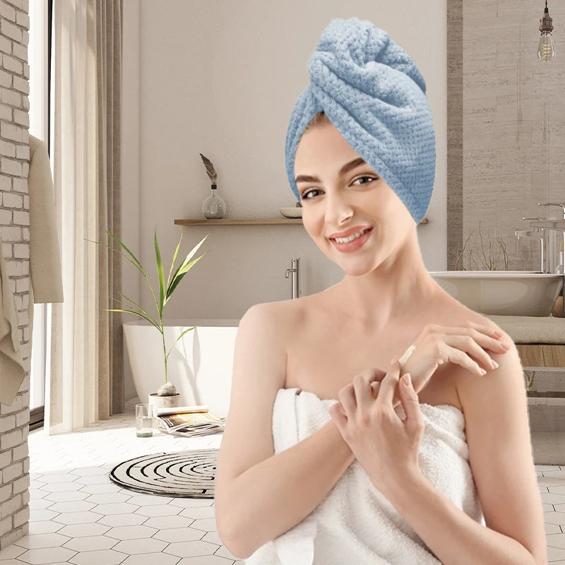 Solid Color Absorbent Hair Towel Wrap 9.8" X 25.5" Textured Dry Hair Cap for Button-Down Women
