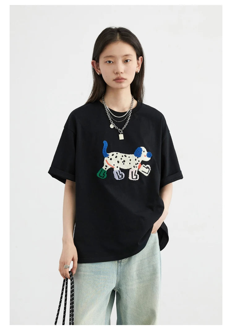 CHIC VEN Women T-Shirts Loose Streetwear Unisex Fun Dog Embroidered Short Sleeve Cotton Girl Tees Female Top Summer 2025