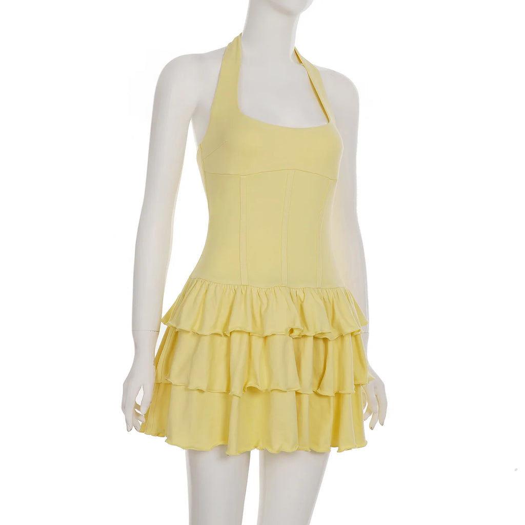 Vacation Halter Mini Dress For Women Solid High Waist Puffy Dress Ruffled Splice Fashion Sexy Slim Dress 2025 Summer New