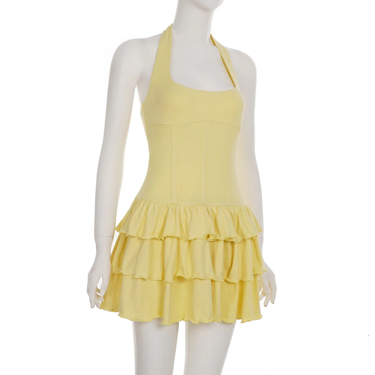 Vacation Halter Mini Dress For Women Solid High Waist Puffy Dress Ruffled Splice Fashion Sexy Slim Dress 2025 Summer New