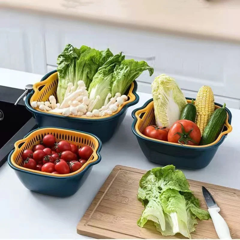 6-Piece Set/Double-Layer Draining Basket Kitchen Sink Strainer Basket Multifunctional Vegetable Washing Tool for Home Use