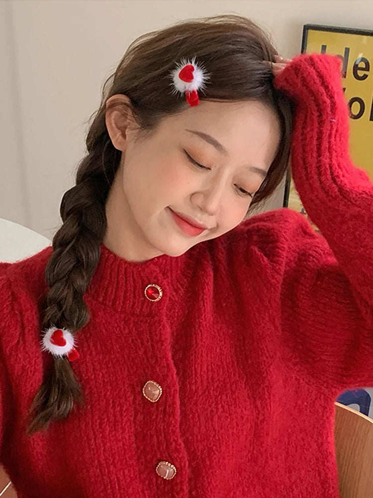 Red Velvet Bow Hairpins for Princess Girl Cute Pompom Heart Kids Autumn Winter Hair Clips Korean Sweet Clips New Year Headwear