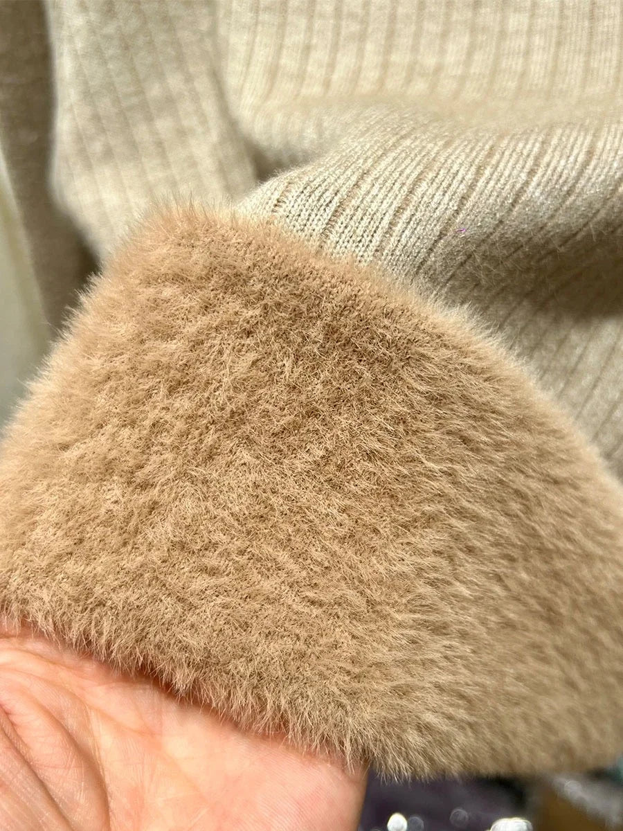 Winter Warm Sweater Pullover Women Slim Thicken Plush Velvet Lined Knitwear Jumper Korean Half Turtleneck Poleras Soft Knit Tops