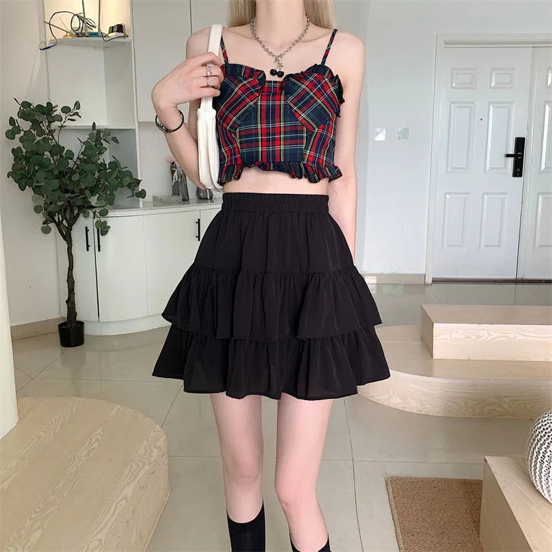 Pleated A-line Skirt White Women Ruffles Sweet Hottie Preppy Style Elastic Elastic Waist Slim Thin SimpleCasual Summer Wholesale