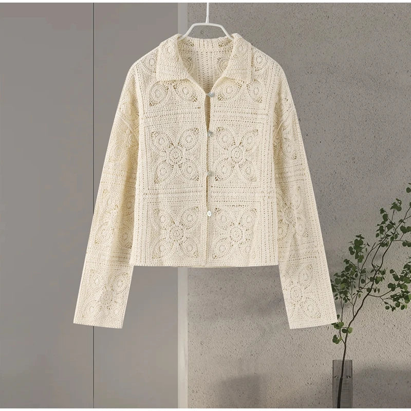 Sweater Crochet Tops Shorts Women Set Lapel Single Breasted Short Top Crochet Flower Hollow Out Shorts Casual Loose Woman Suits