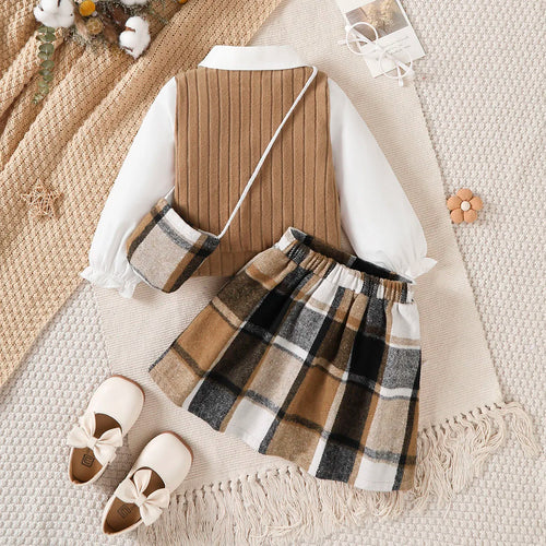 3Pcs Children Girl Set Splicing Fake Two piece Top+Checkered Skirt+Mini Bag Set Suitable Girls 4-7 Year Autumn College Style Set
