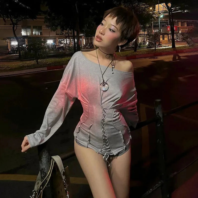 SylCue Casual Fashion T-Shirts Woman Skew Collar Off Shoulder Full Sleeve Drawstring Design Daily Simple Versatile Style Tops