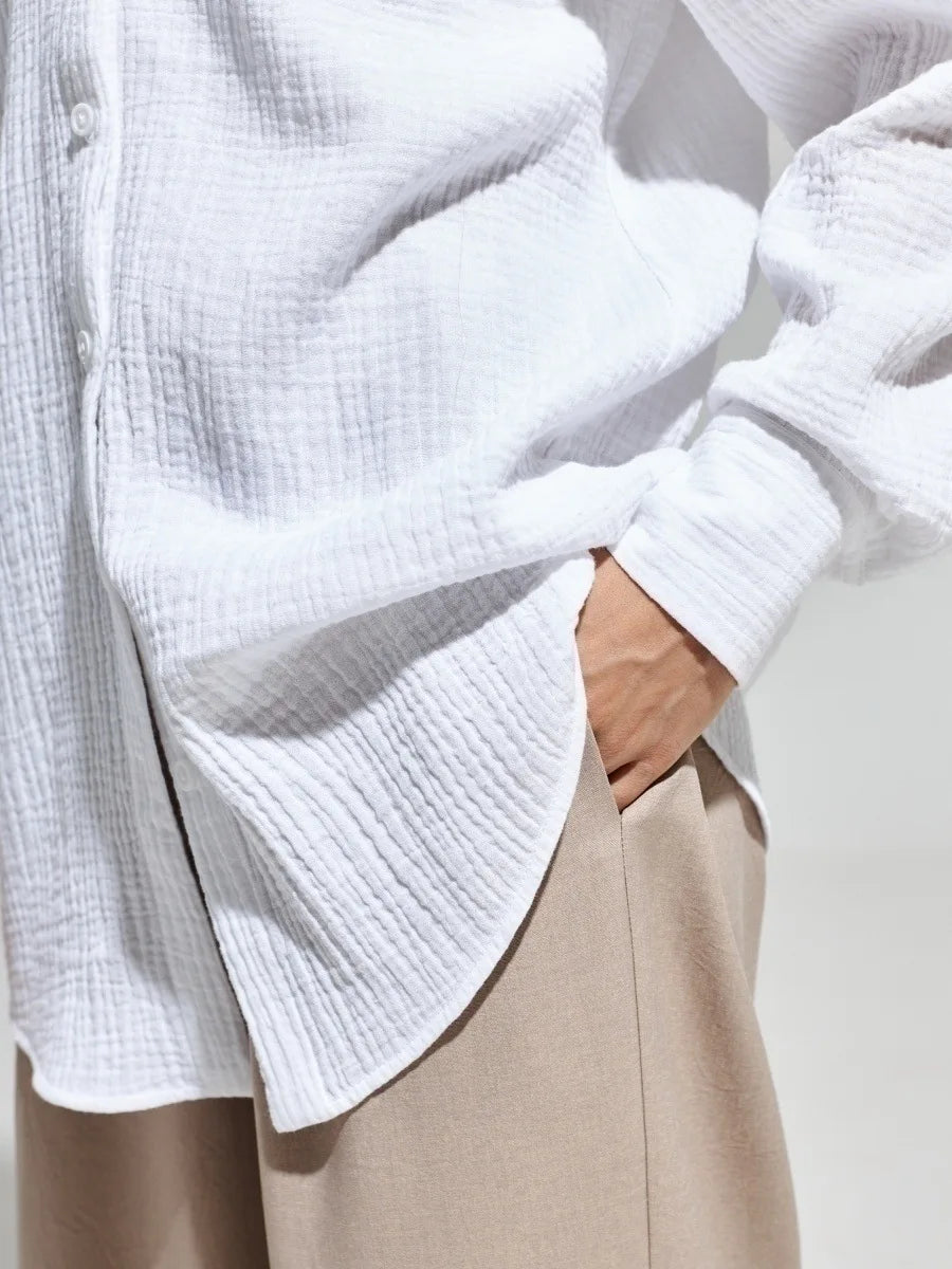 Bornladies 2025 Women's Spring Summer 100% Cotton Shirts Office Lady  Fashionable Solid Lady Long Sleeve Loose Tops Crepe Shirts