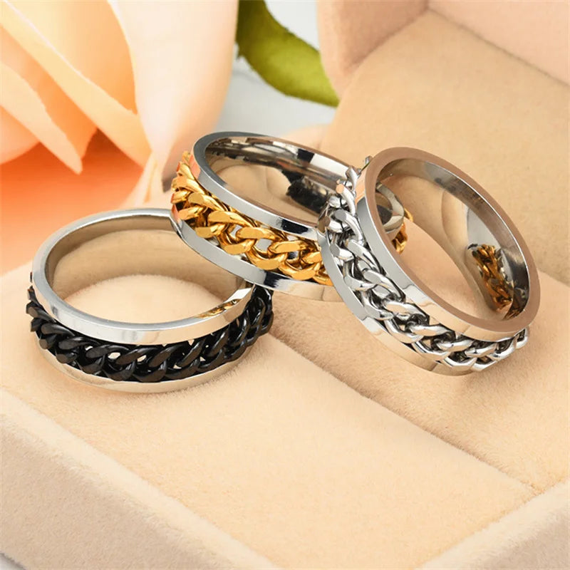 Titanium Steel Rotatable Chain Fidget Spinner Mens Rings Multifunction Anti Stress Knuckle Ring Accessories Anillo Hombres
