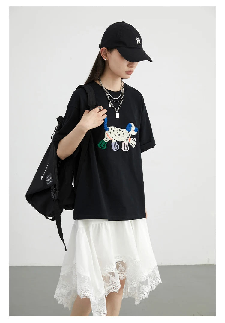 CHIC VEN Women T-Shirts Loose Streetwear Unisex Fun Dog Embroidered Short Sleeve Cotton Girl Tees Female Top Summer 2025