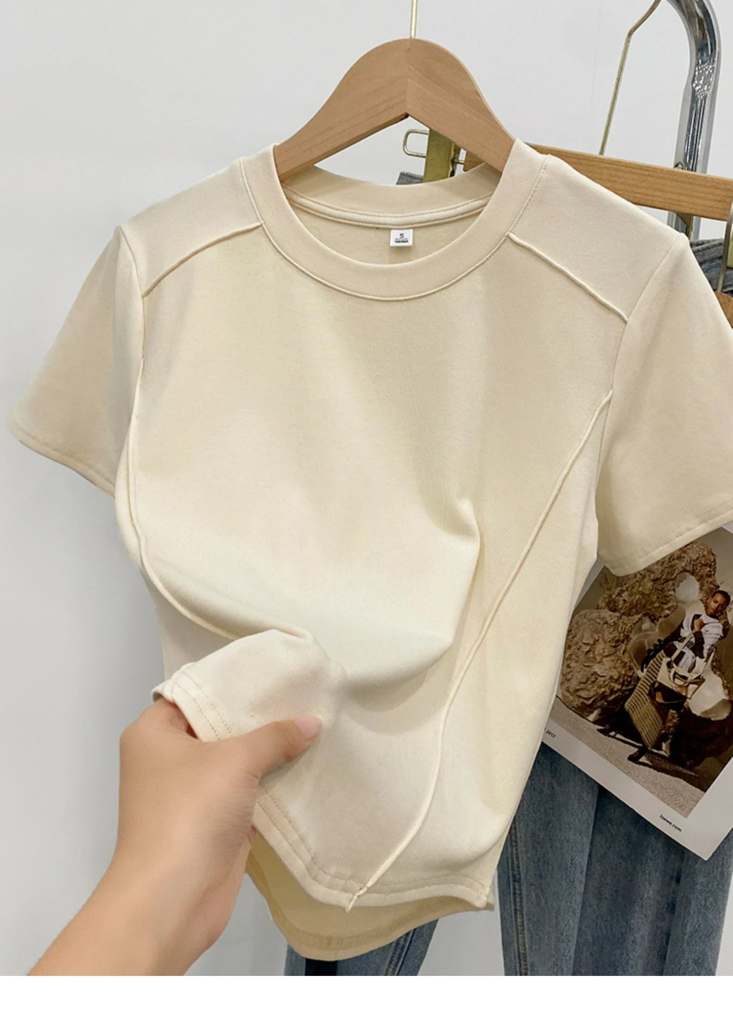 Solid color round-neck short-sleeved slim T-shirt for women 2026 summer and Europe new