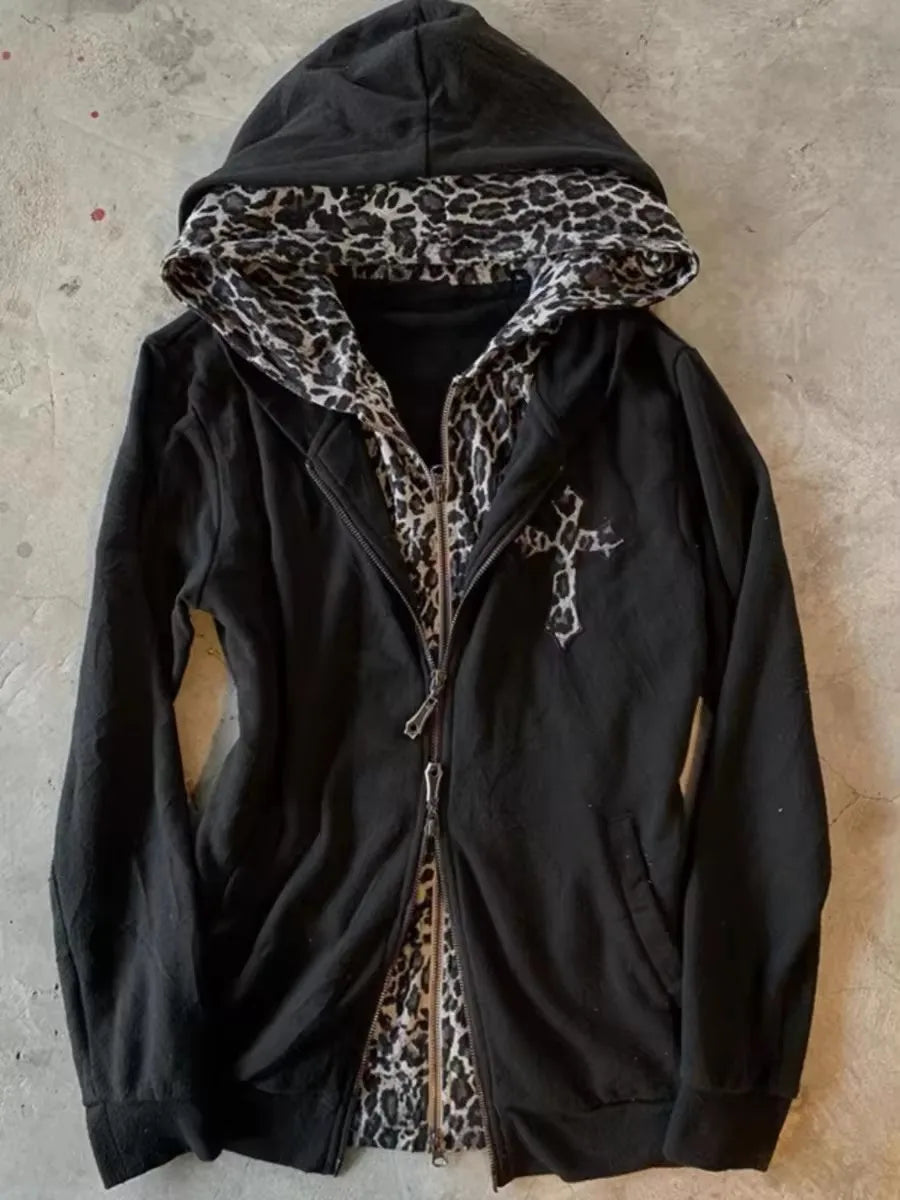 Slim Fit Spicy Girl Vintage Versatile Leopard Printed Black Sweatshirts Gothic Harajuku Autumn/winter Cardigans Kawaii Clothes