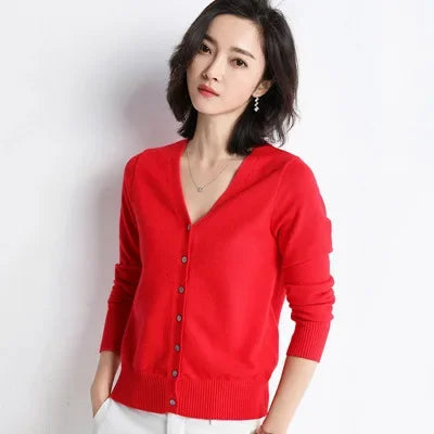 2025 Women Cardigans Long Sleeve Knitted Outerwear Solid Thin Spring Autumn Sweaters V-neck Knitwears Korean Fashion Cardigans