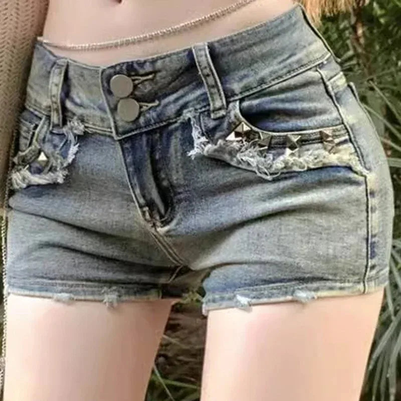 Women Korean Retro Y2k Shorts Pants Lady Vintage High Street Hot Pants Female Blue Low Waist Elastic Wrapped Hip Short Jeans