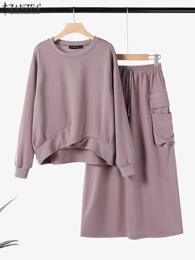 2026 ZANZEA 2PCS Autumn Winter Sweatshirts Dress Sets Women Long Sleeve Hoodies Tops Sundress OL Matching Sets Spring Outfits