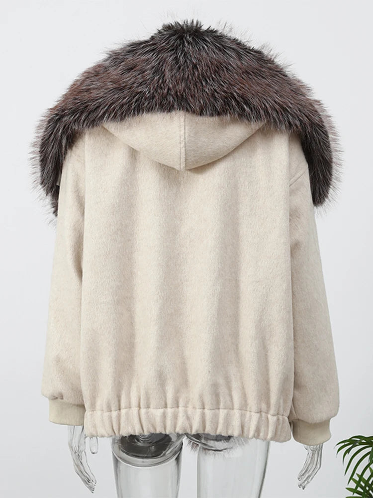 Vintage Faux Fur Woolen Jacket Women Fashion Thicken Hooded Pocket Lantern Sleeve Elastic Waist Coat 2026 Female Daily Outwear