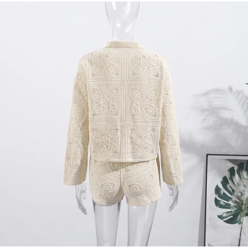 Sweater Crochet Tops Shorts Women Set Lapel Single Breasted Short Top Crochet Flower Hollow Out Shorts Casual Loose Woman Suits