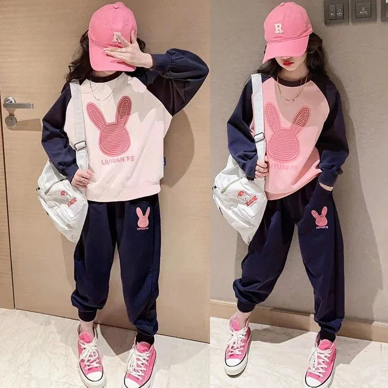 3-13 Years Spring Autumn Girls Clothing Set Cartoon Rabbit Pattern Full Sleeve Top +Pants 2Pcs For Kids