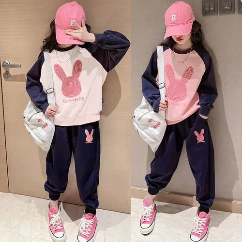 3-13 Years Spring Autumn Girls Clothing Set Cartoon Rabbit Pattern Full Sleeve Top +Pants 2Pcs For Kids