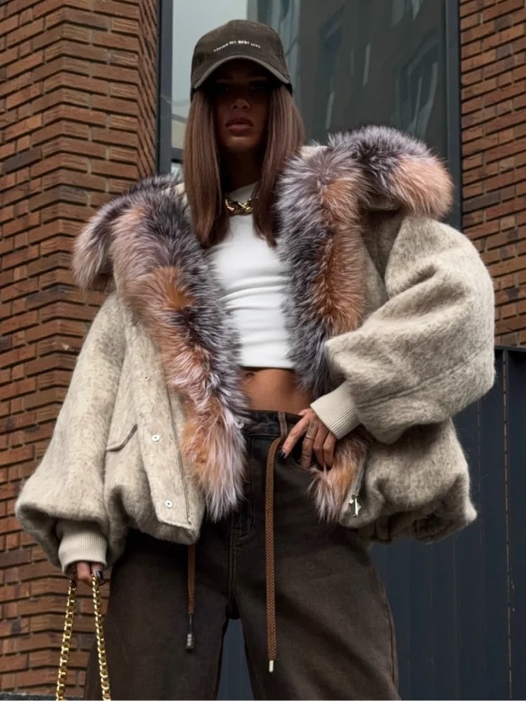 Vintage Faux Fur Woolen Jacket Women Fashion Thicken Hooded Pocket Lantern Sleeve Elastic Waist Coat 2026 Female Daily Outwear