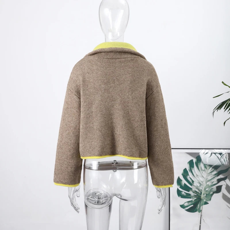 Fashion Contrast Knit Coat Women Stand Collar Zipper Pockets Full Sleeve Jacket 2025 Autumn Lady Elegant Outwear 2026 Spring New