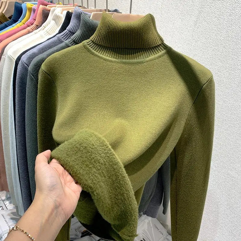 Winter Warm Sweater Pullover Women Slim Thicken Plush Velvet Lined Knitwear Jumper Korean Half Turtleneck Poleras Soft Knit Tops