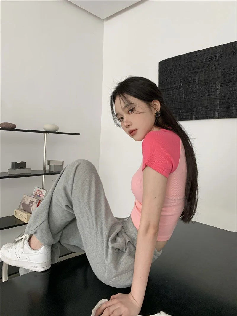 Y2K Women T Shirt Patchwork Letter Slim Fit Crop Tops Streetwear Casual Korean Fashion Short Sleeve Tshirts Bae Female Tees