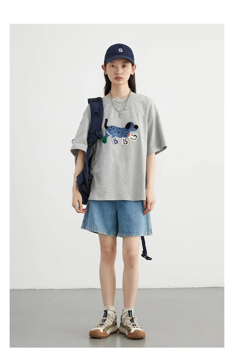 CHIC VEN Women T-Shirts Loose Streetwear Unisex Fun Dog Embroidered Short Sleeve Cotton Girl Tees Female Top Summer 2025
