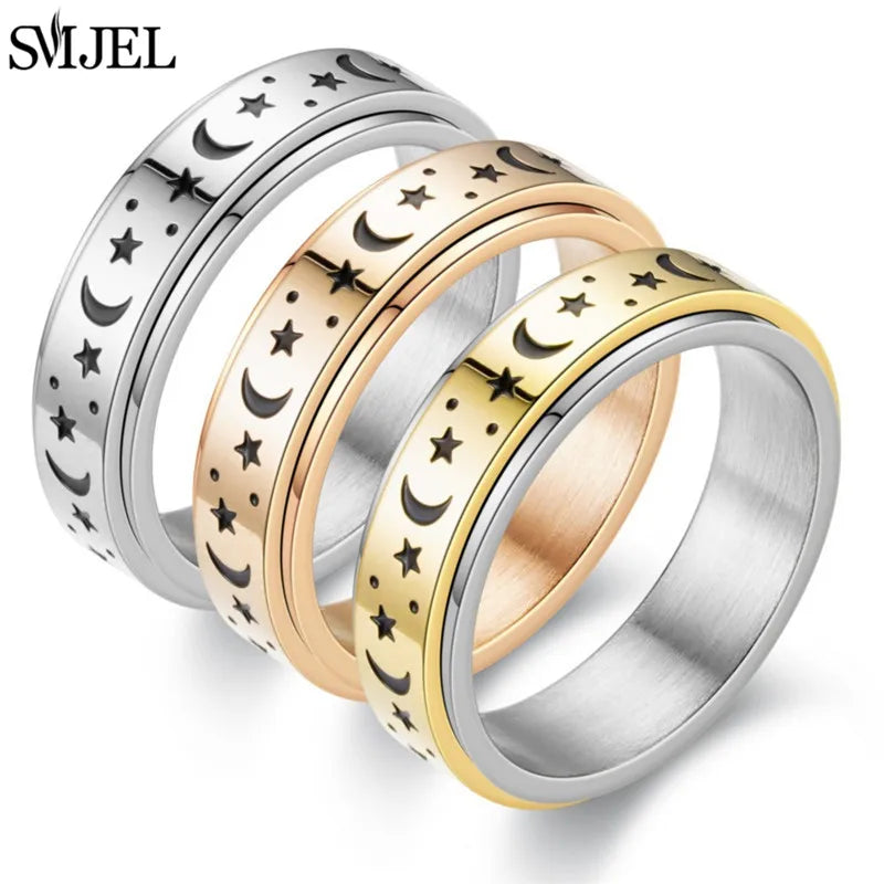 Fashion Star Moon Anxiety Relaxing Stainless Steel Rings for Women Men Metal Rotate Freely Spinner Ring Anillos De Hombres