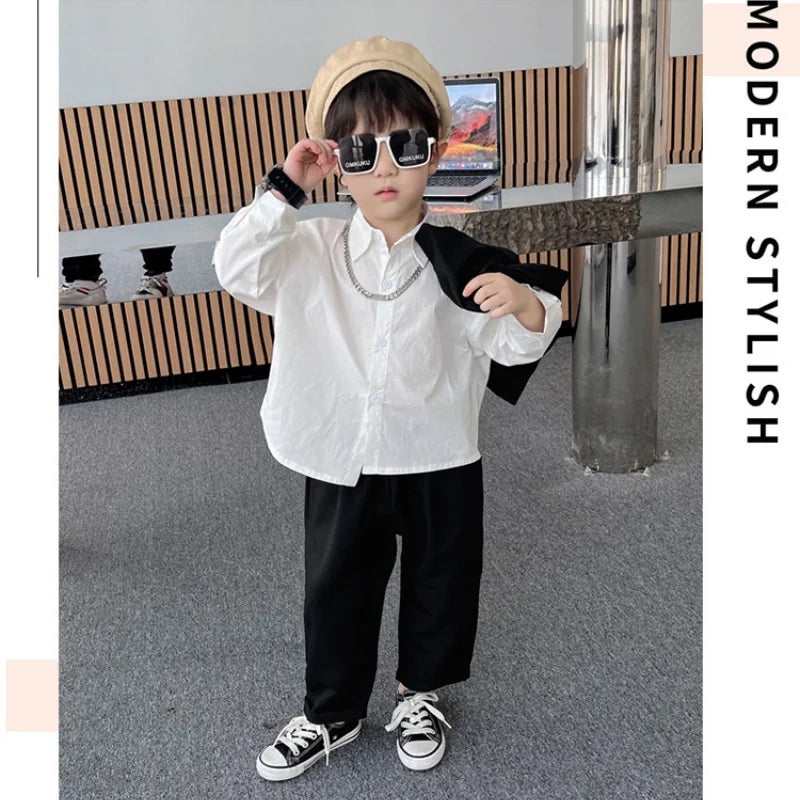 2026 Children Sets Shirts Turn-down Collar Vest Single Breasted Pants Ankle Length Loose Solid Soft Simple Casual Autumn Boys