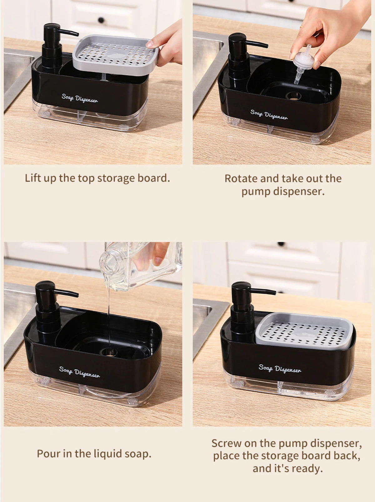 Dishwasher Dispenser, Press Type Manual Soap Dispenser, 2-in-1 Liquid Dispensing Methods, Easy to Detachable and Washable Sponge