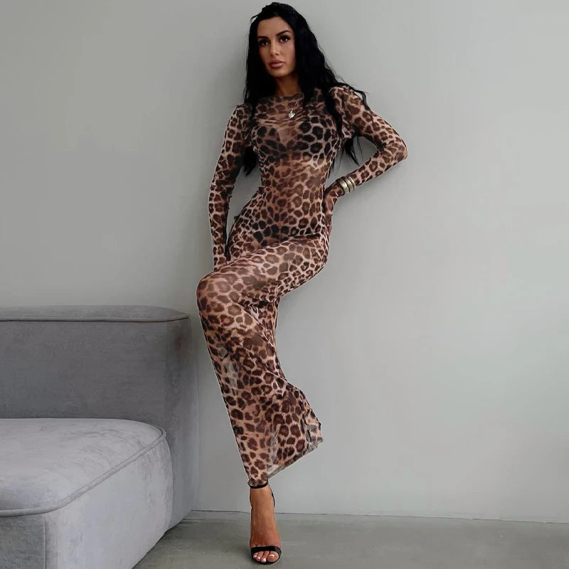 Hugcitar Leopard Print Mesh Long Sleeve Sexy Slim  See Through Maxi Dress Fall Women Fashion Outfits Beach Vacation Club