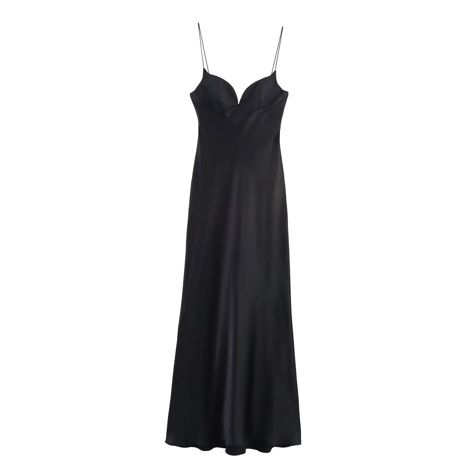HH 2025 Women Red V-Neck Holiday Style Satin Texture Long Dress Sleeveless Summer Women's Back Zipper Fashion Sling Dresses