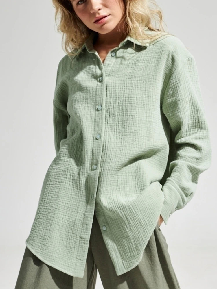 Bornladies 2025 Women's Spring Summer 100% Cotton Shirts Office Lady  Fashionable Solid Lady Long Sleeve Loose Tops Crepe Shirts