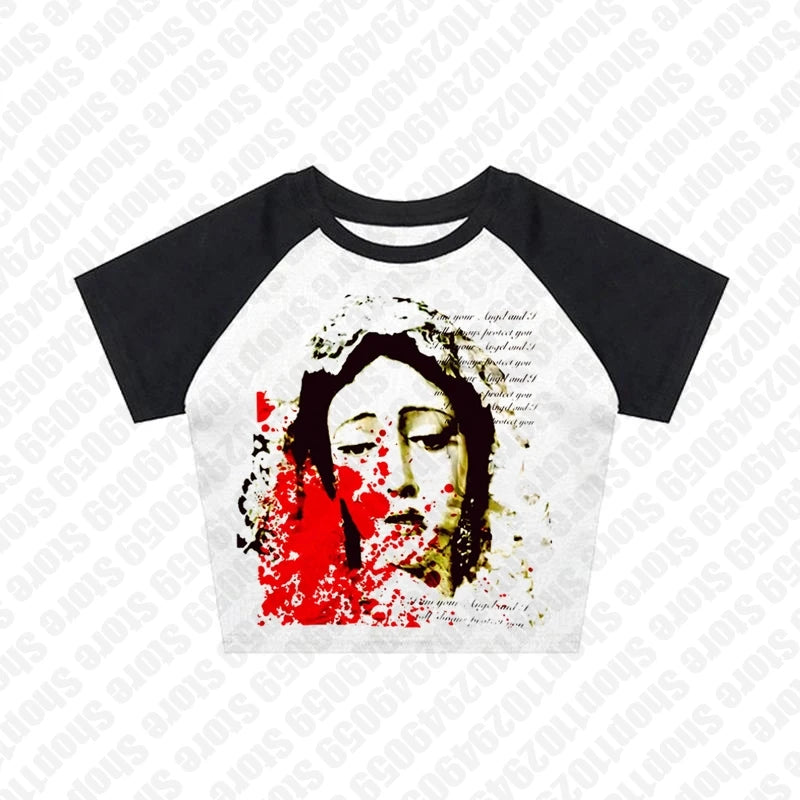 Gothic Letter Print Baby Tees Y2K Vintage Clothes Aesthetic Kawaii Summer Slim 2000s Top Streetwear Short Sleeve E-girl Crop Top
