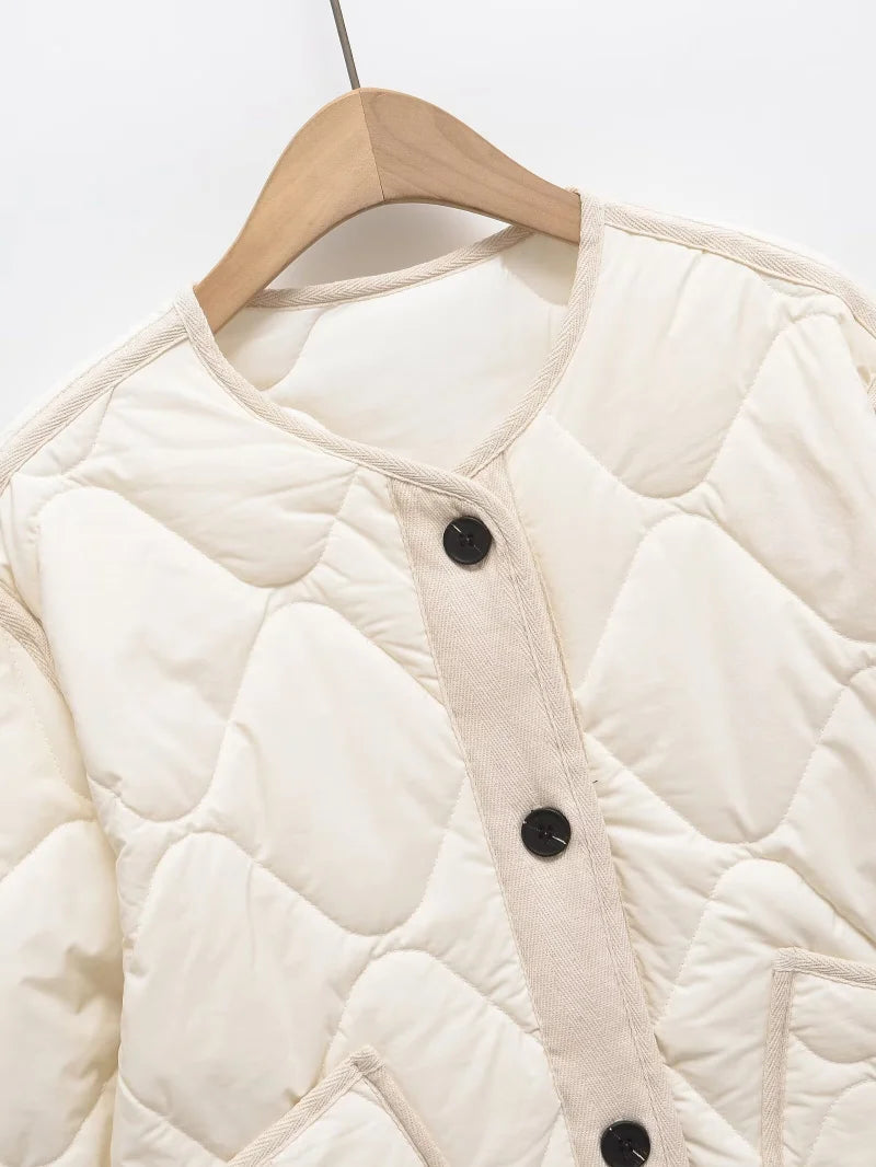 ETJ 2025  Spring new women's vintage crewneck quilted cotton-padded loose version of quilted casual jacket