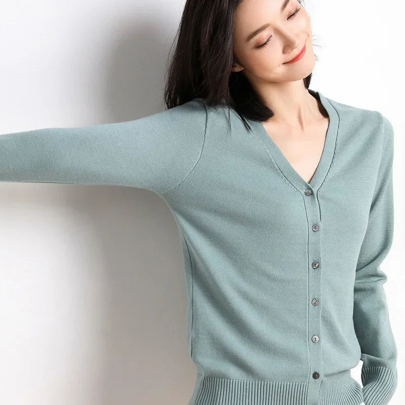 2025 Women Cardigans Long Sleeve Knitted Outerwear Solid Thin Spring Autumn Sweaters V-neck Knitwears Korean Fashion Cardigans