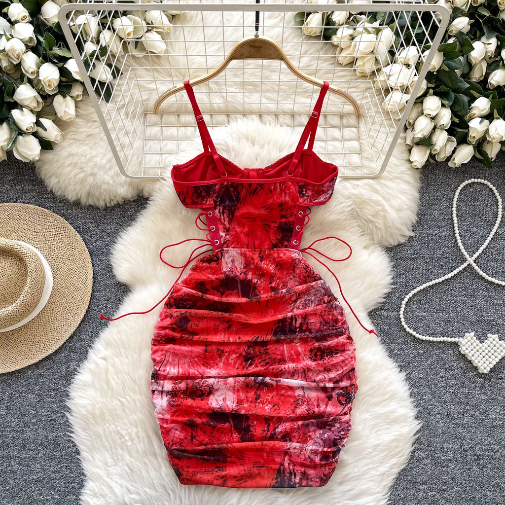SINGREINY Summer Short Strap Dress Ladies Strapless Lace Up Hollow Out Design Pleated Slim Fit Print Sexy Clubwear Bodycon Dress