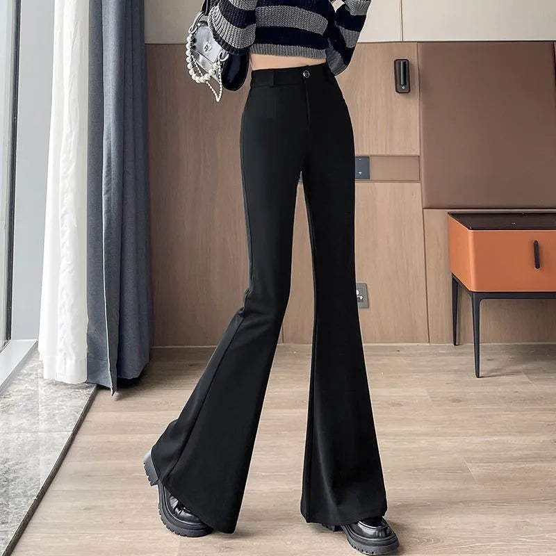 Women's High-Waisted Flared Pants Slim Fit Formal Trousers with Button Closure