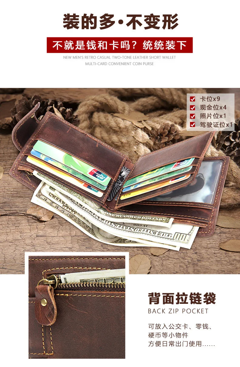 Crazy Horse Cowhide Leather Wallet for Men Genuine Leather Men Wallet Hasp Vintage Wallet Men