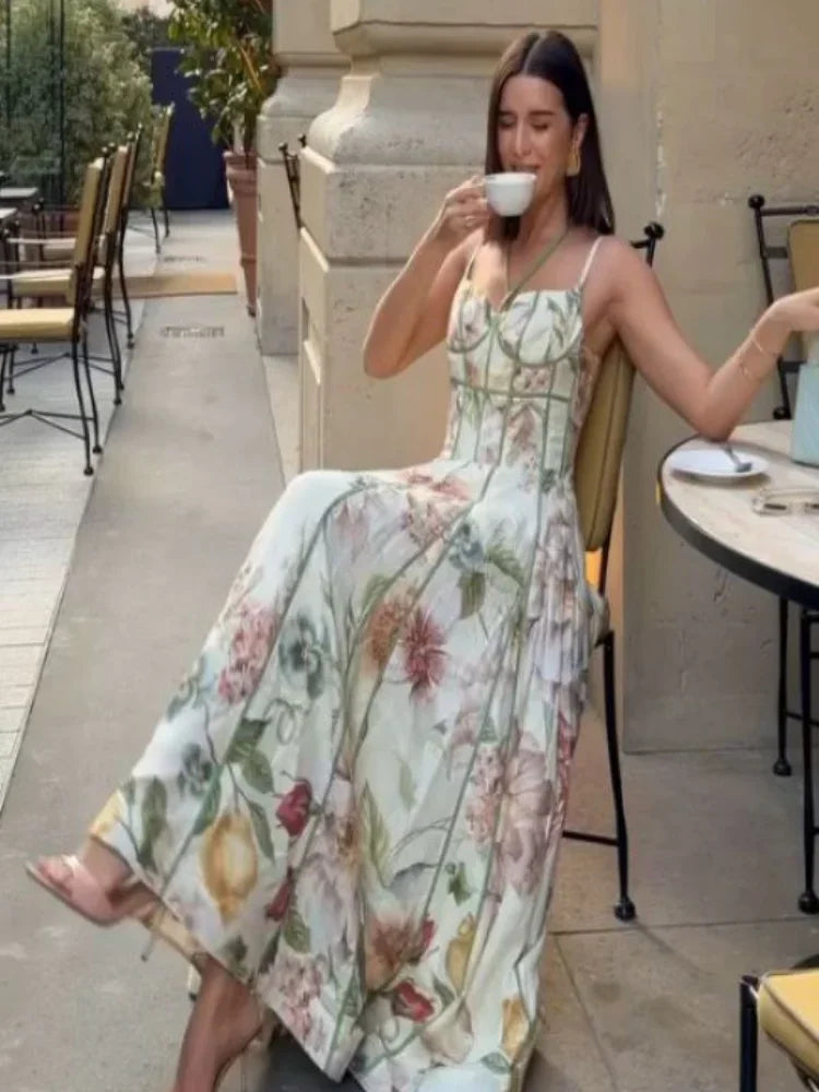 Printed Sleeveless Halter Long Dress Women Chic Waist Cinching A-line Sling Slim Fit Dresses Lady Spring Summer Vacation Gown
