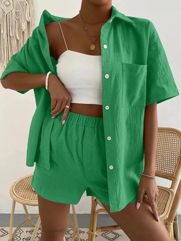 Women's Cotton Suit  Short Sleeve Casual Elegant Green Soild Two Piece Set Women Outfit Suit Shorts and Shirt for Women
