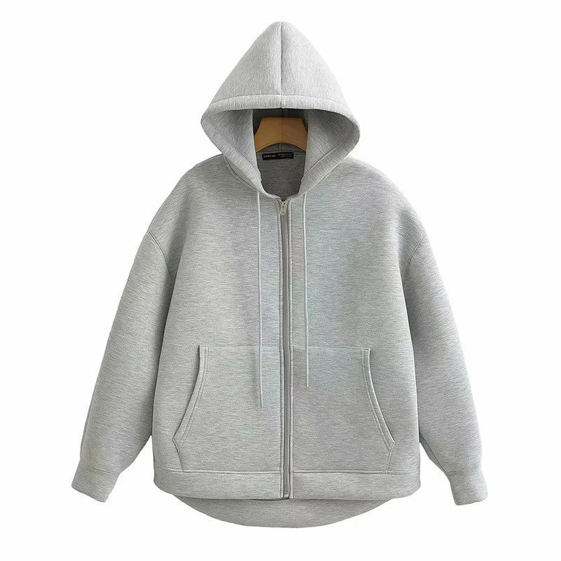 Alobee Autumn Women Gray Black Jacket With Hood Long Sleeve Zipper Jacket Coat Woman Loose Casual Big Pocket Outerwear Coat Tops