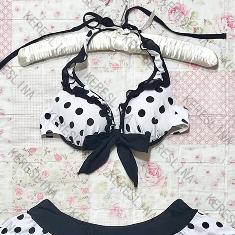 Women's bikini set cute retro casual streetwear Y2K Harajuku aesthetic hip-hop summer sweet polka dot slim Kawaii women's skirt