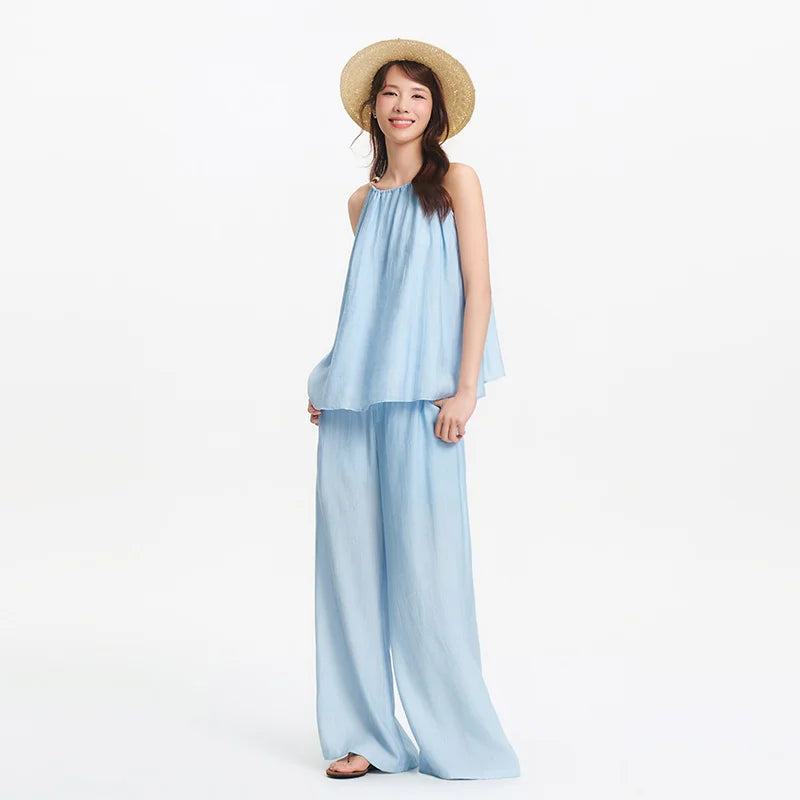Semir Bowknot Strap Wide Leg Pants Set Women 2025 Summer New Linen Like Textured Two Piece Outfit for Vacation Style